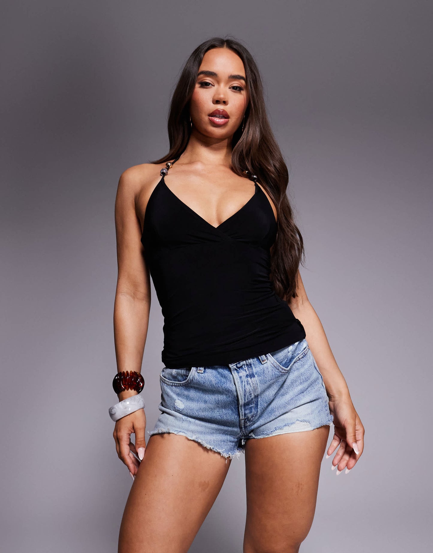 Fashionkilla exclusive double sculpted slinky halterneck bead detail cami top in black