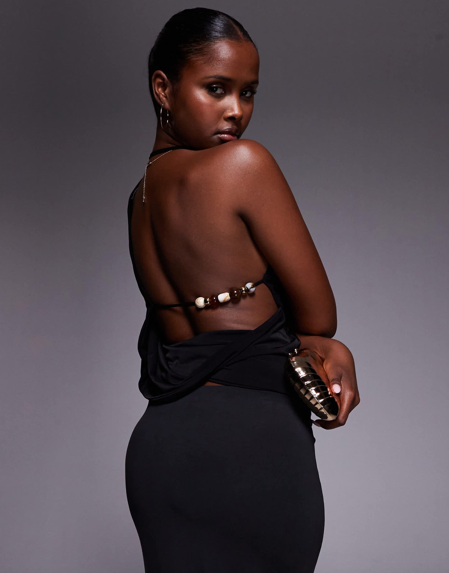 Fashionkilla exclusive double sculpted slinky high neck open side bead detail top in black