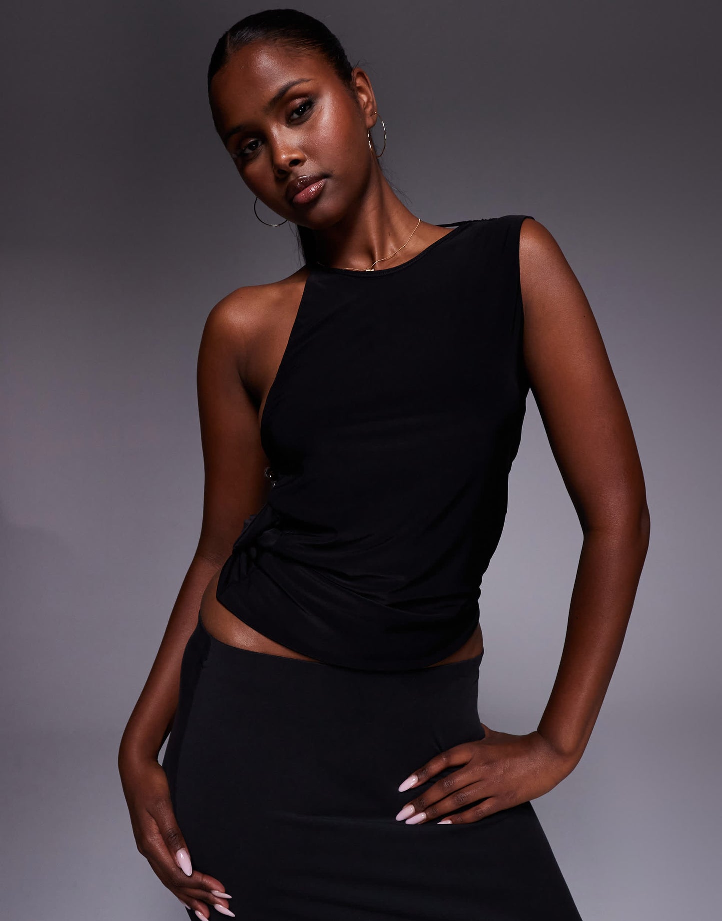 Fashionkilla exclusive double sculpted slinky high neck open side bead detail top in black