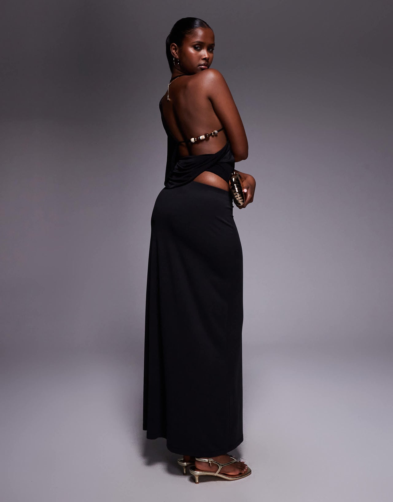 Fashionkilla exclusive double sculpted slinky high neck open side bead detail top in black