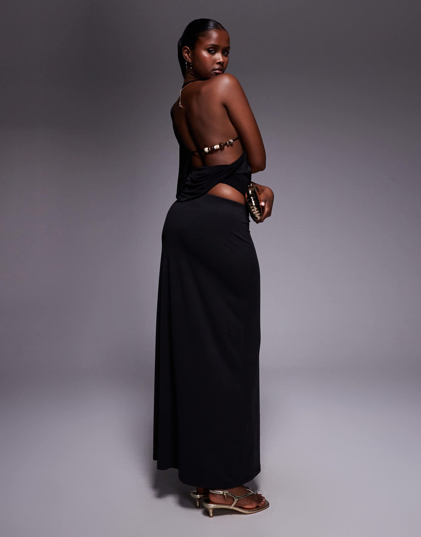 Fashionkilla exclusive double sculpted slinky high neck open side bead detail top in black