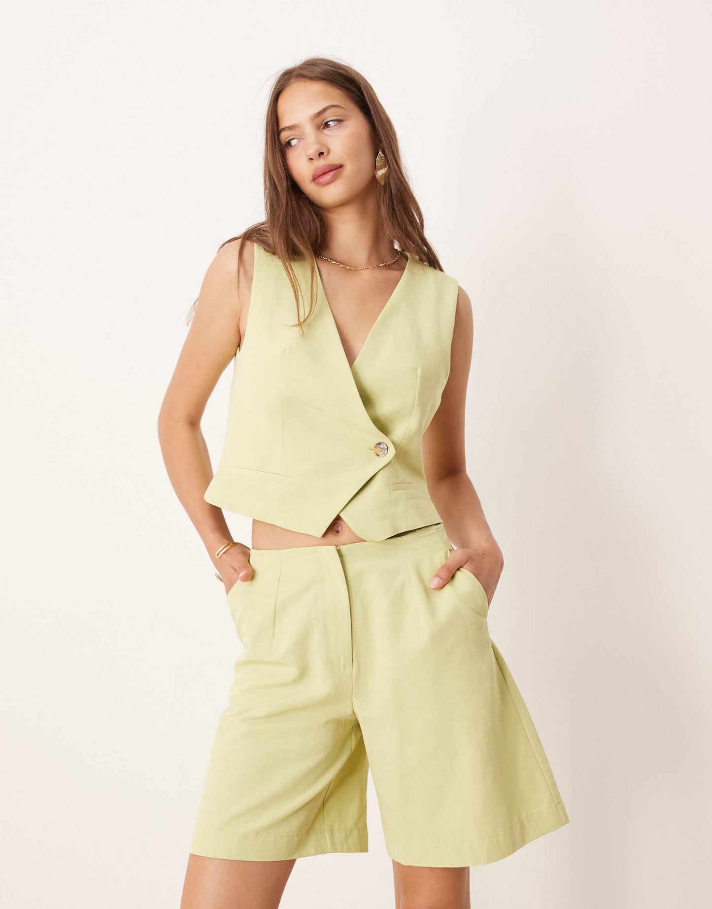 ASOS DESIGN linen blend clean bermuda shorts co ord in green