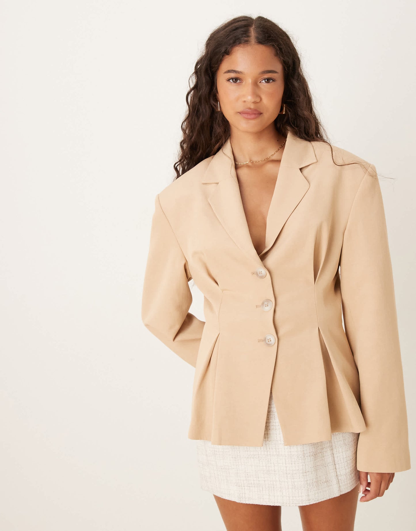 ASOS DESIGN linen blend cinch waist blazer in neutral