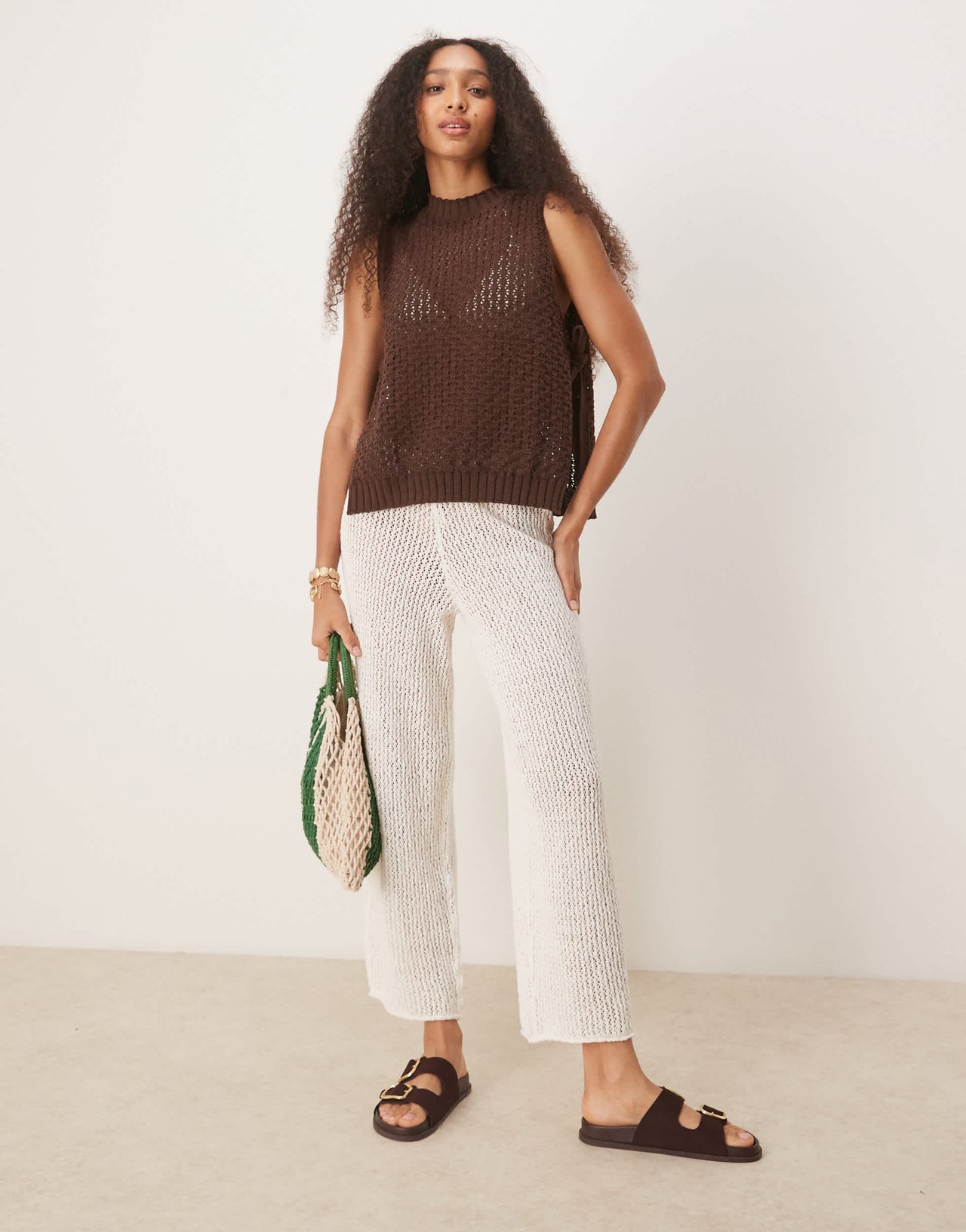 ASOS DESIGN crochet knit tabard vest with tie sides in brown