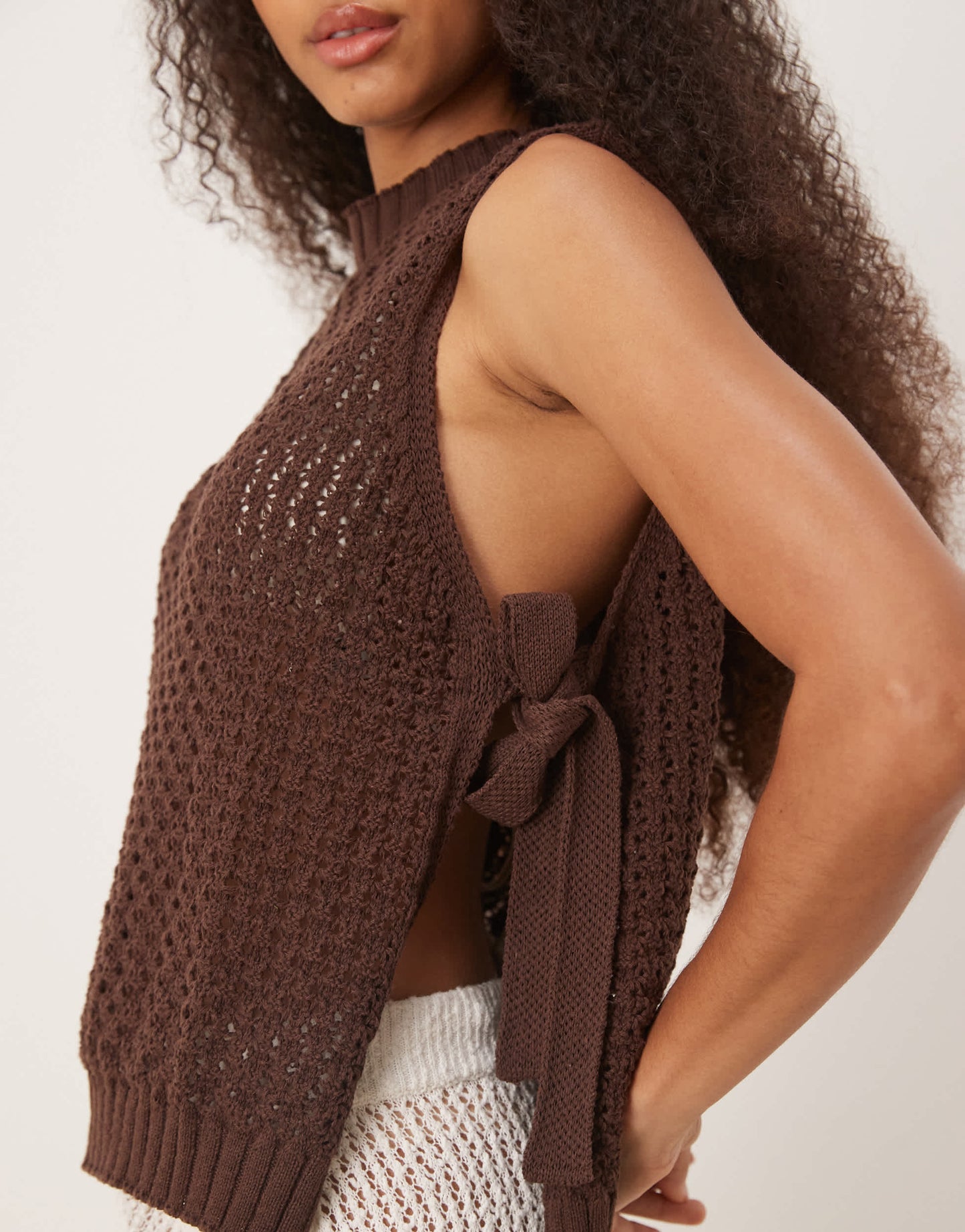 ASOS DESIGN crochet knit tabard vest with tie sides in brown