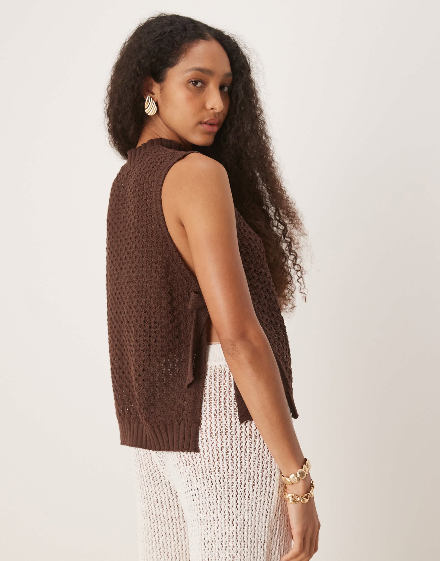ASOS DESIGN crochet knit tabard vest with tie sides in brown