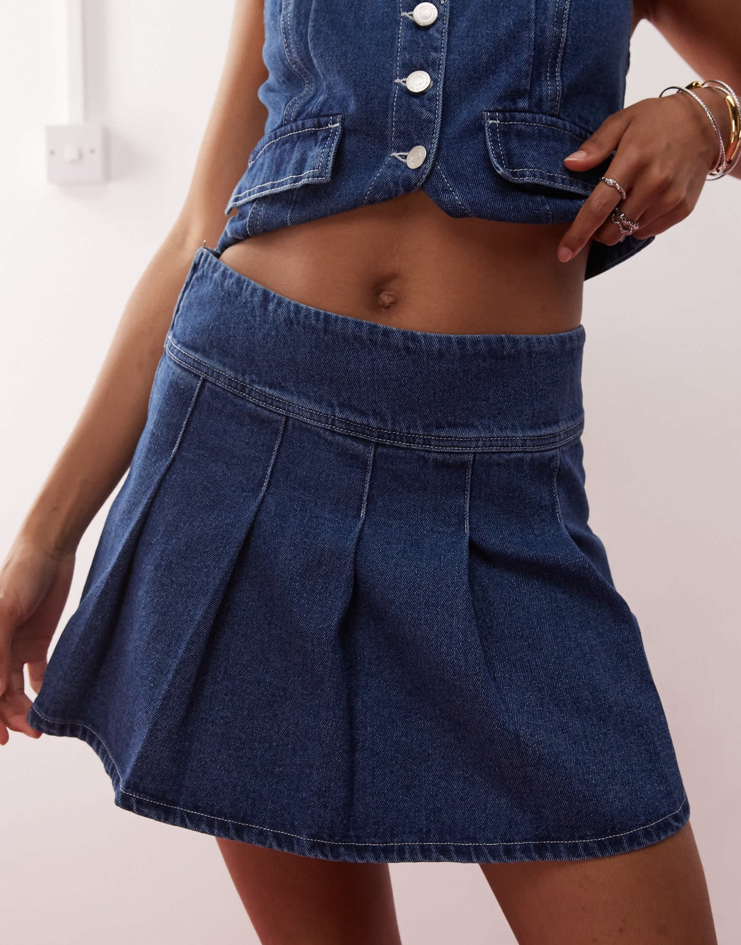 Reclaimed Vintage western denim pleated mini skirt co-ord in indigo wash