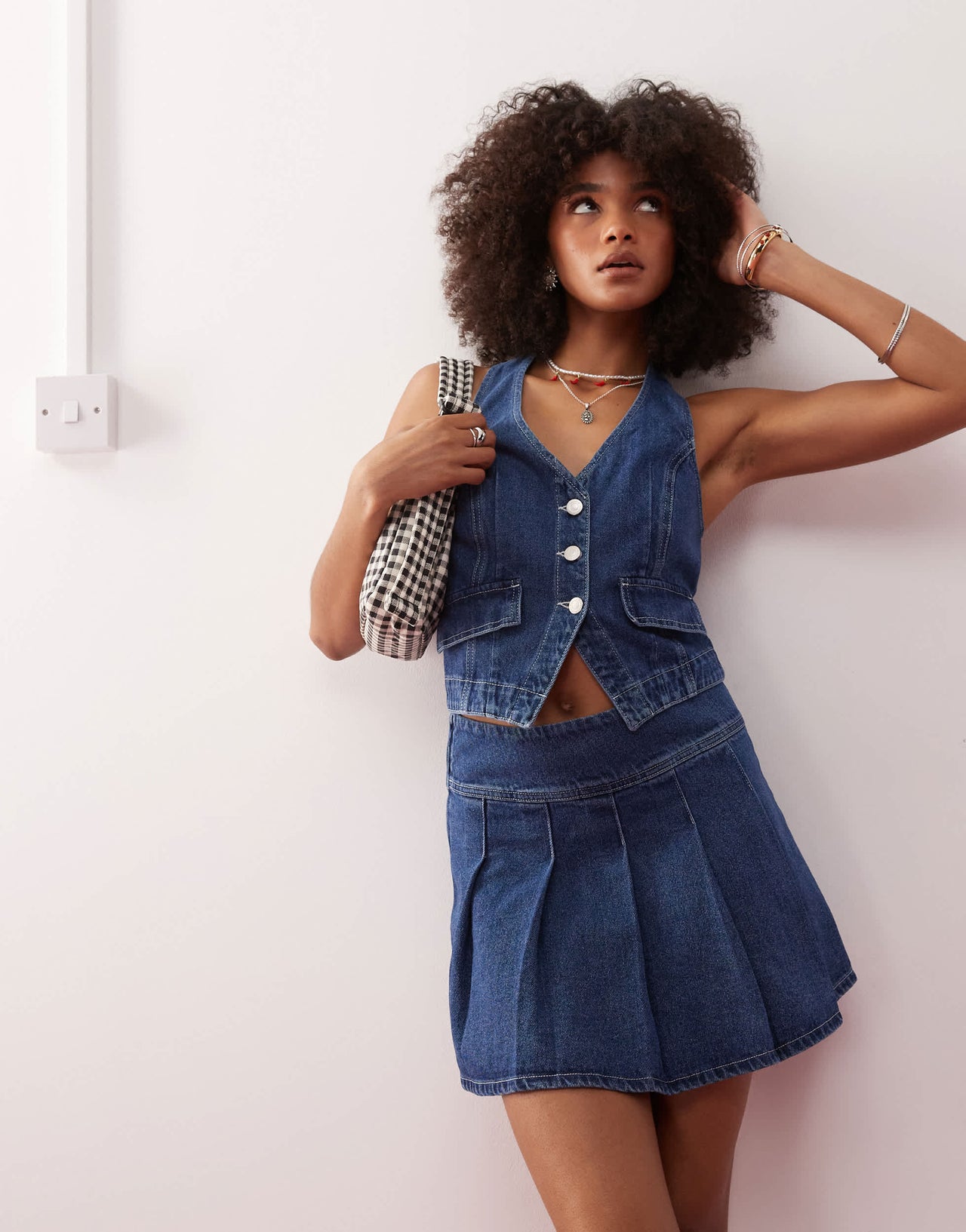 Reclaimed Vintage western denim pleated mini skirt co-ord in indigo wash