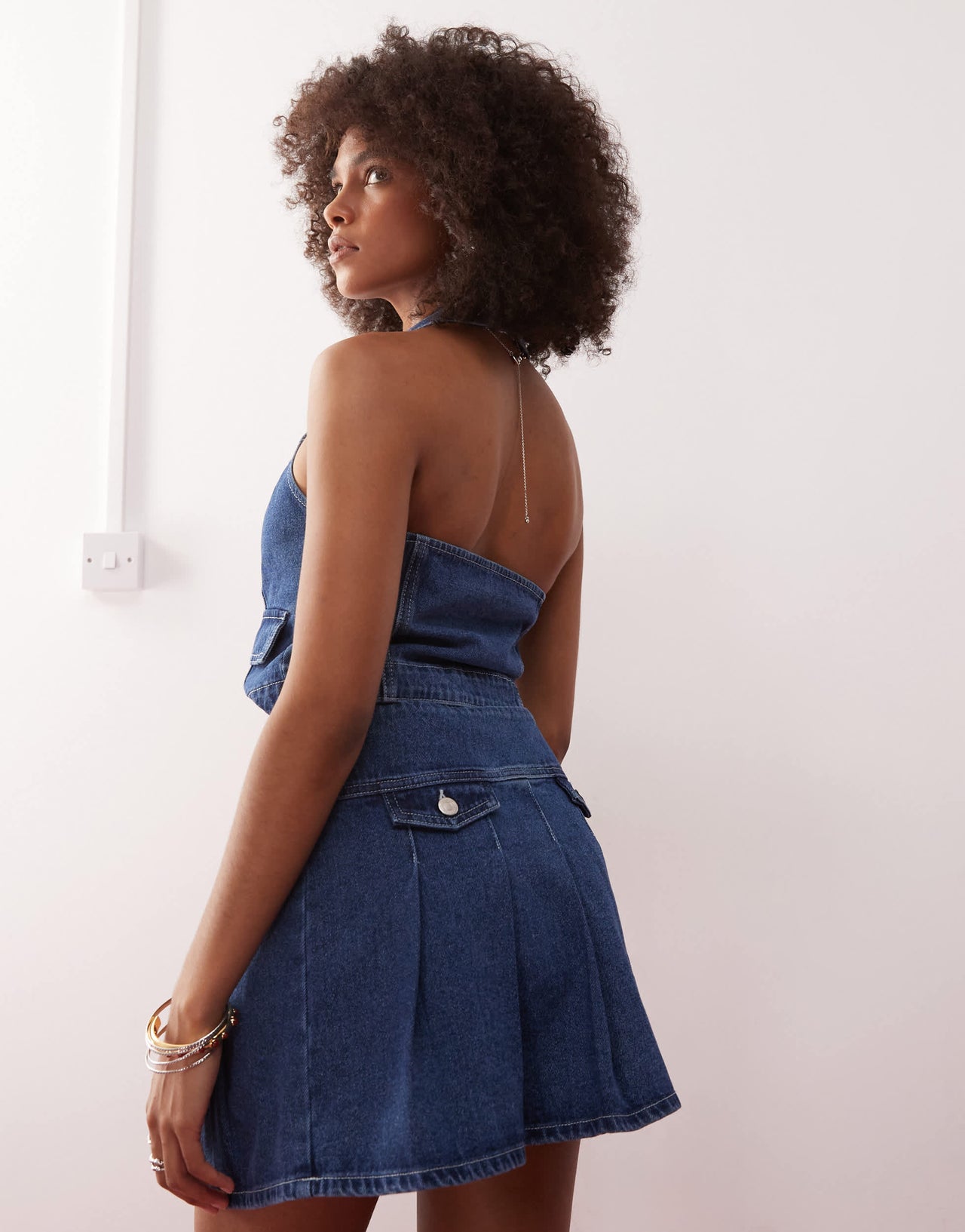 Reclaimed Vintage western denim pleated mini skirt co-ord in indigo wash