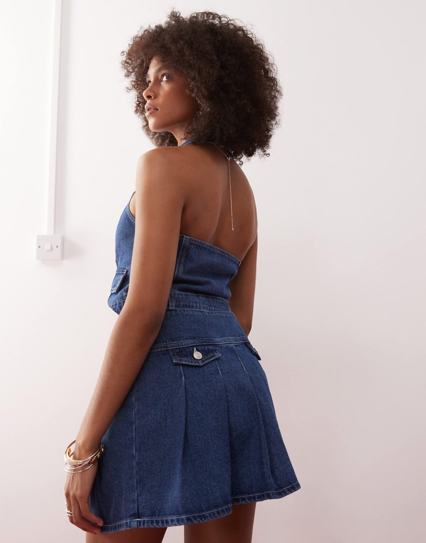 Reclaimed Vintage western denim pleated mini skirt co-ord in indigo wash