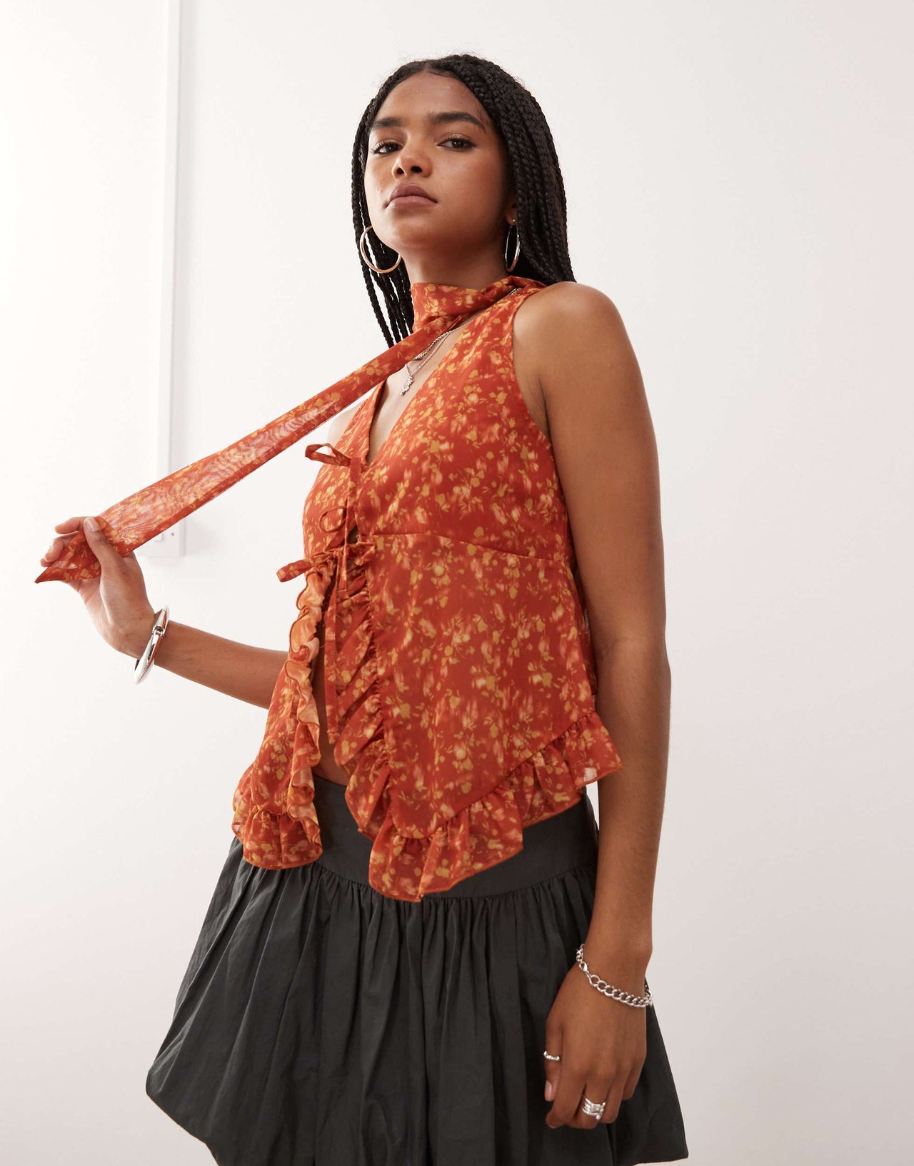 Reclaimed Vintage chiffon floral print ruffle tie front blouse with matching scarf in brown