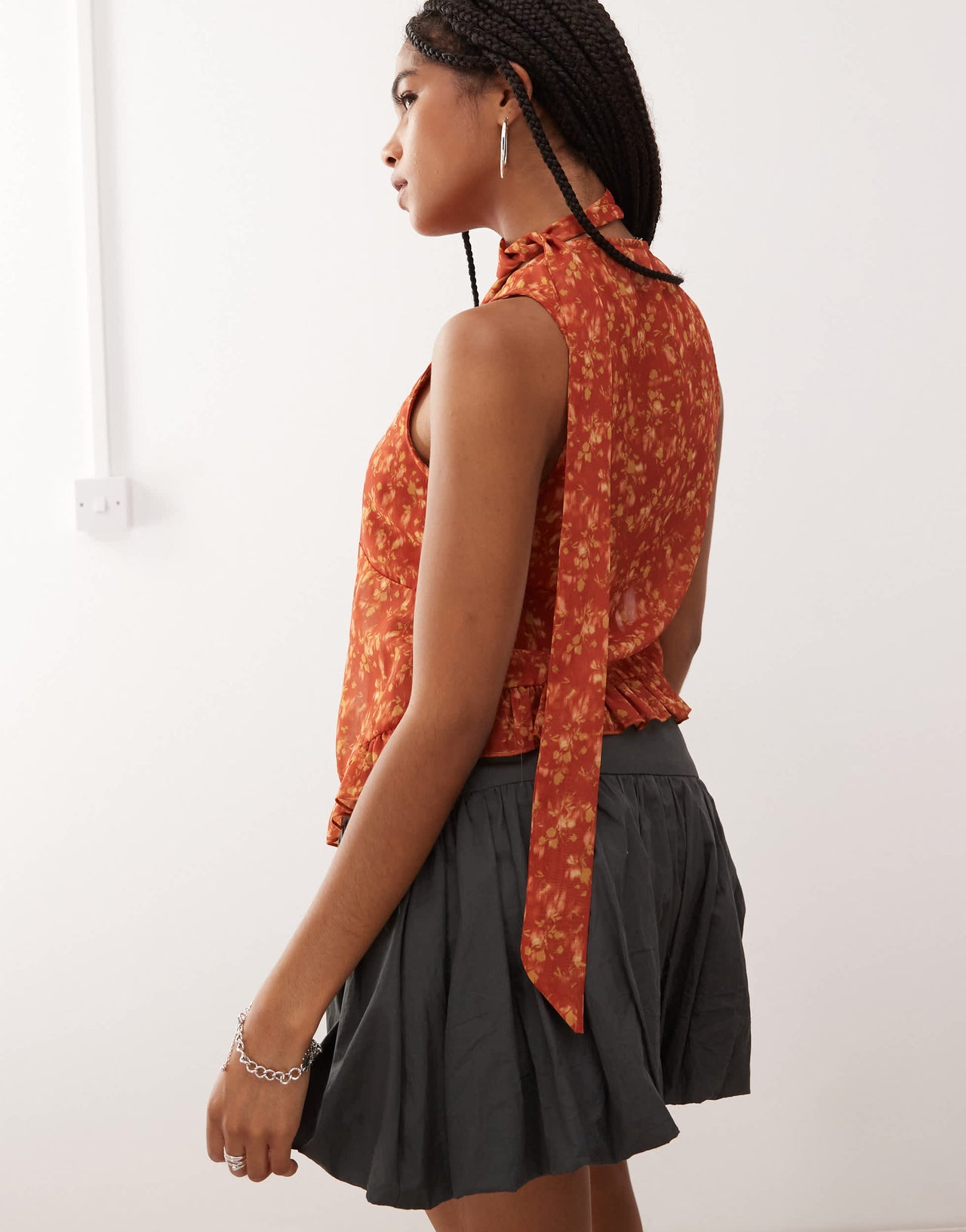 Reclaimed Vintage chiffon floral print ruffle tie front blouse with matching scarf in brown