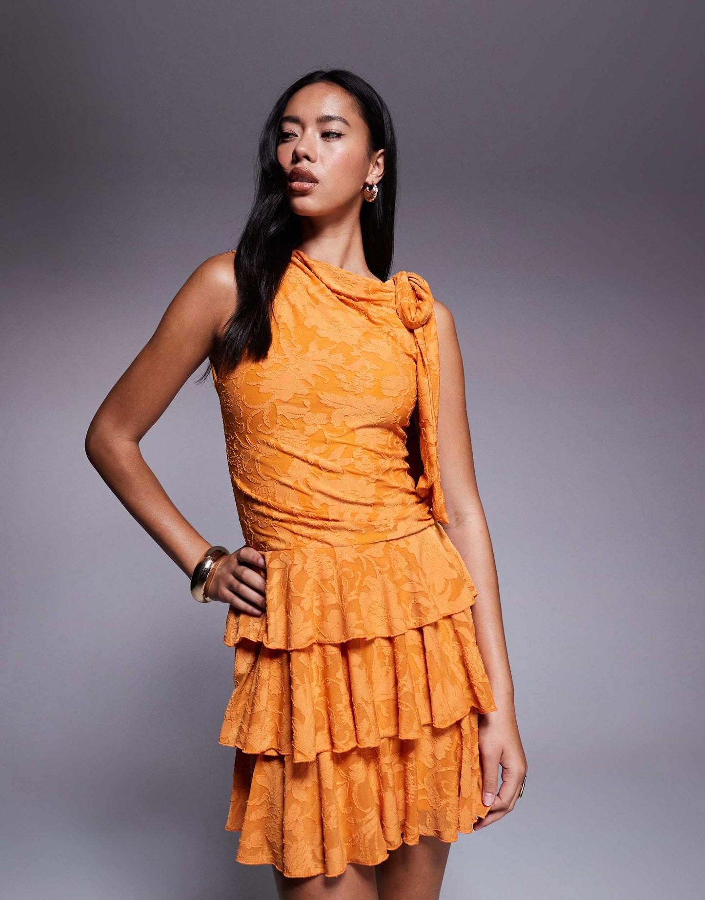 ASOS DESIGN sleeveless with tie detail mini dress with ruffles in orange