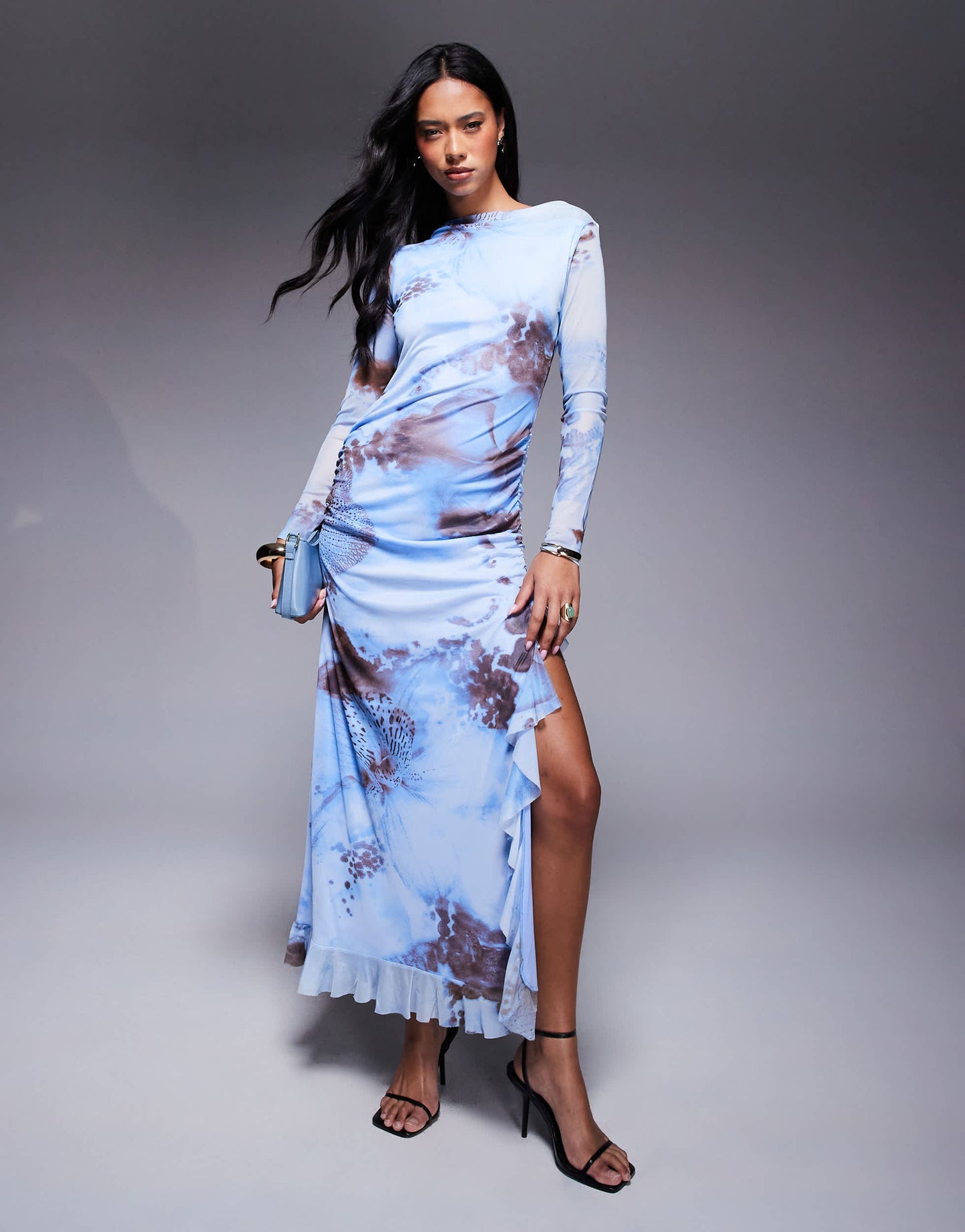 ASOS DESIGN mesh long sleeve frill detail a line maxi dress in blue floral print
