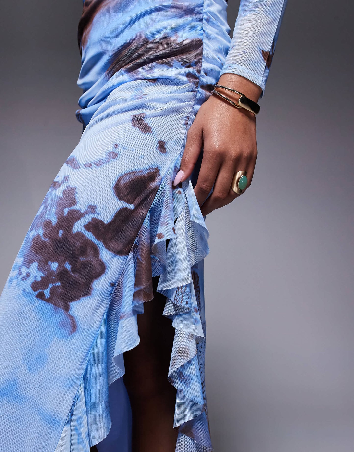 ASOS DESIGN mesh long sleeve frill detail a line maxi dress in blue floral print