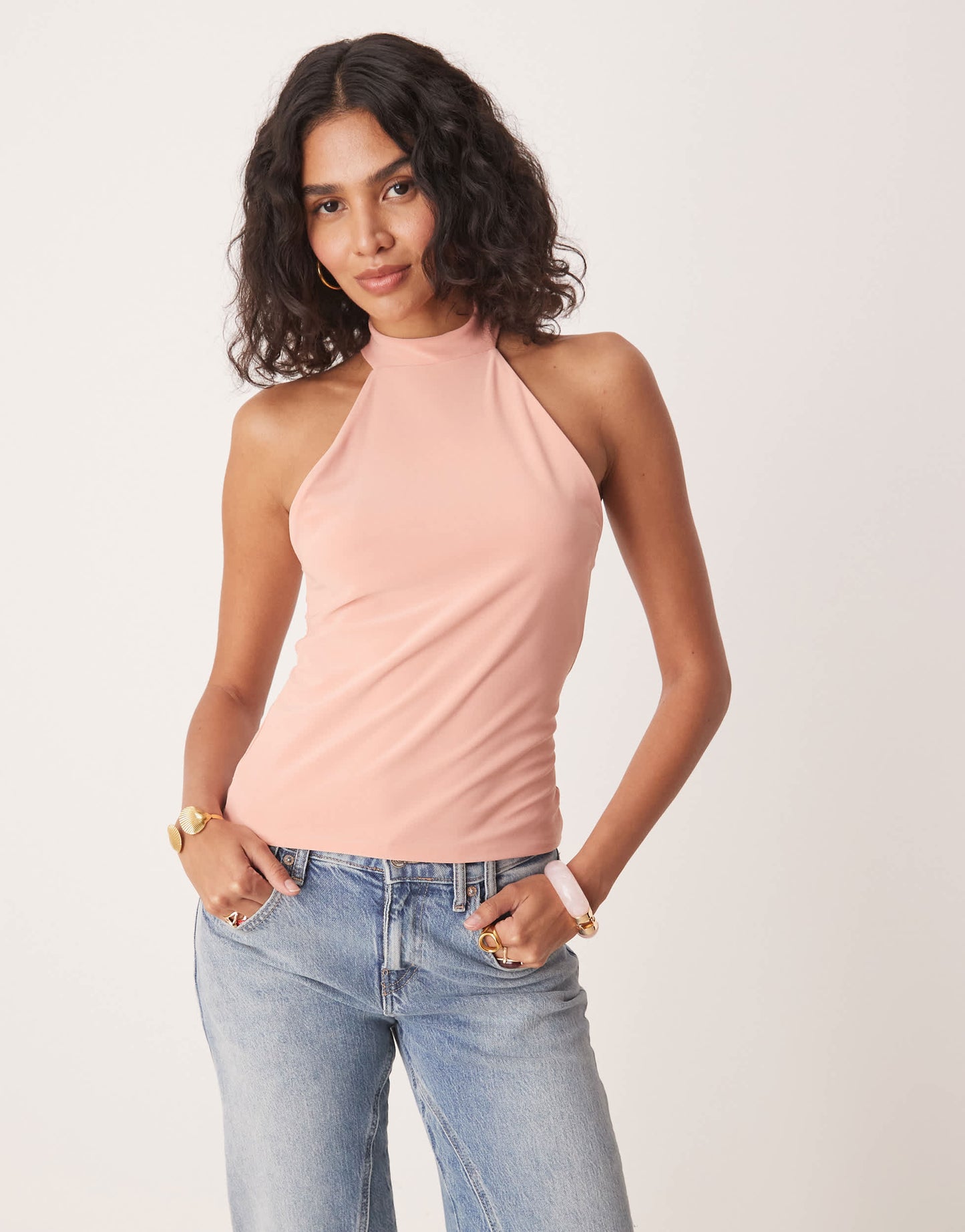 ASOS DESIGN slinky high neck racer tank top in pastel pink