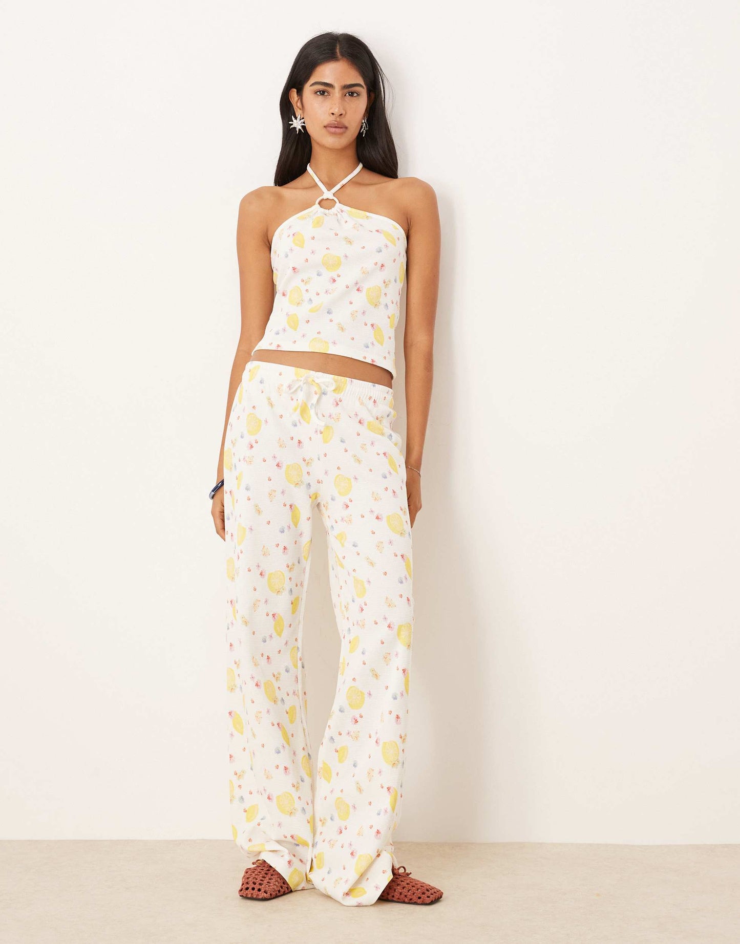 ASOS DESIGN ring detail halter waffle top co-ord in lemon ditsy print