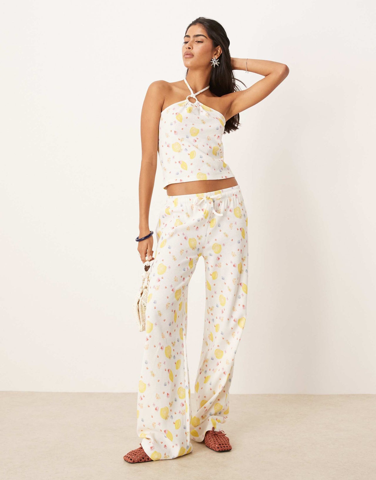 ASOS DESIGN waffle wide leg trouser co-ord in lemon ditsy print