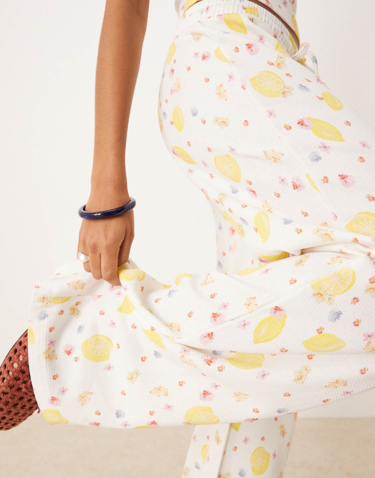 ASOS DESIGN waffle wide leg trouser co-ord in lemon ditsy print