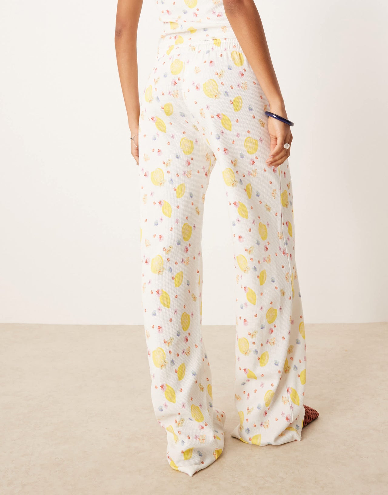 ASOS DESIGN waffle wide leg trouser co-ord in lemon ditsy print