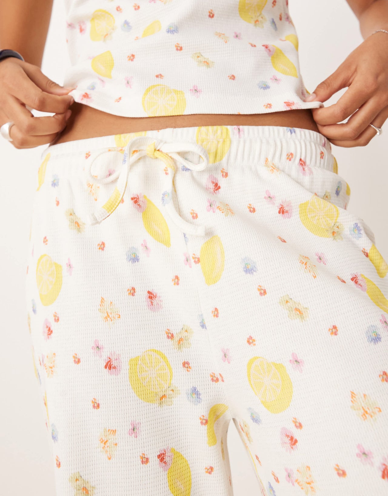 ASOS DESIGN waffle wide leg trouser co-ord in lemon ditsy print