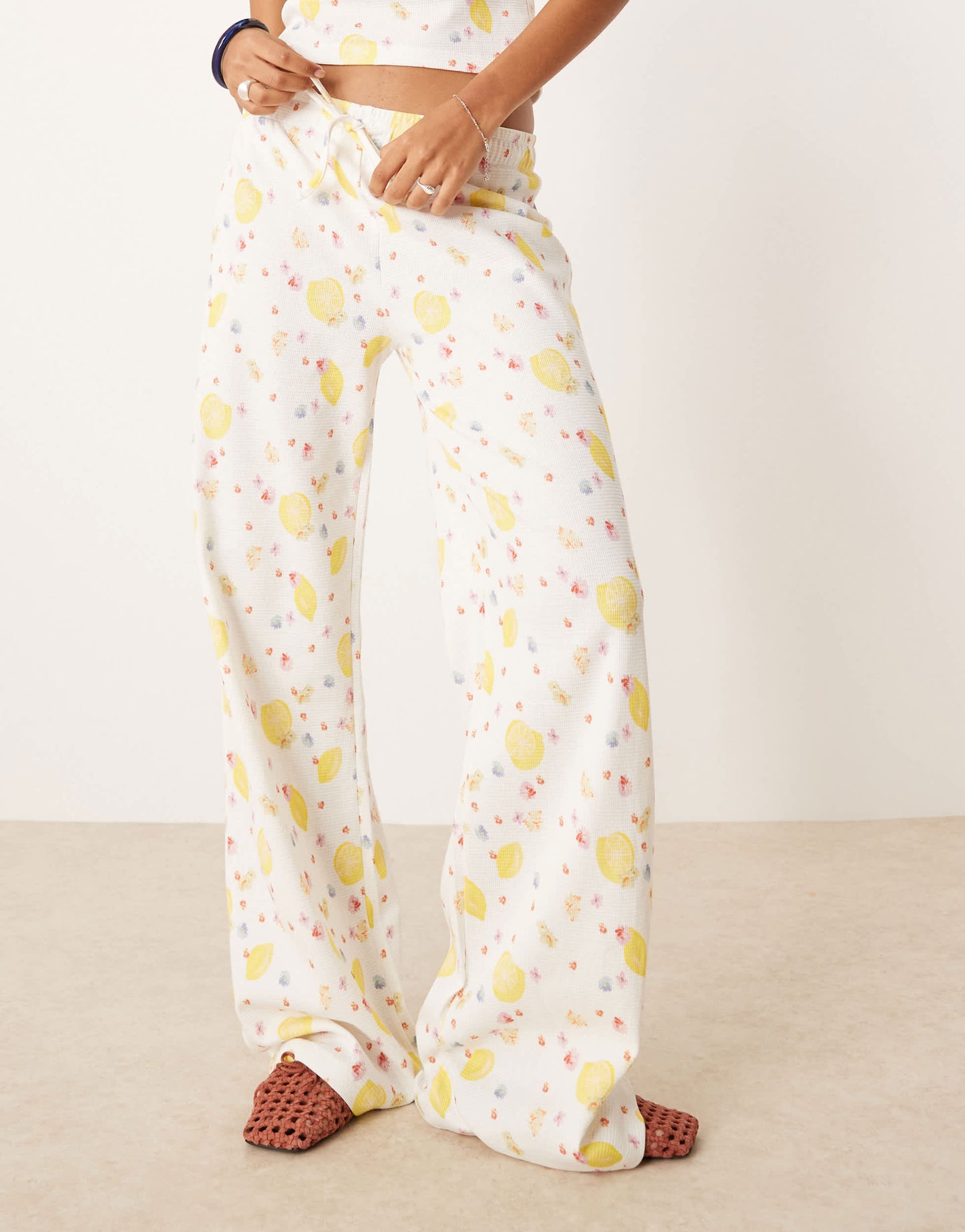 ASOS DESIGN waffle wide leg trouser co-ord in lemon ditsy print