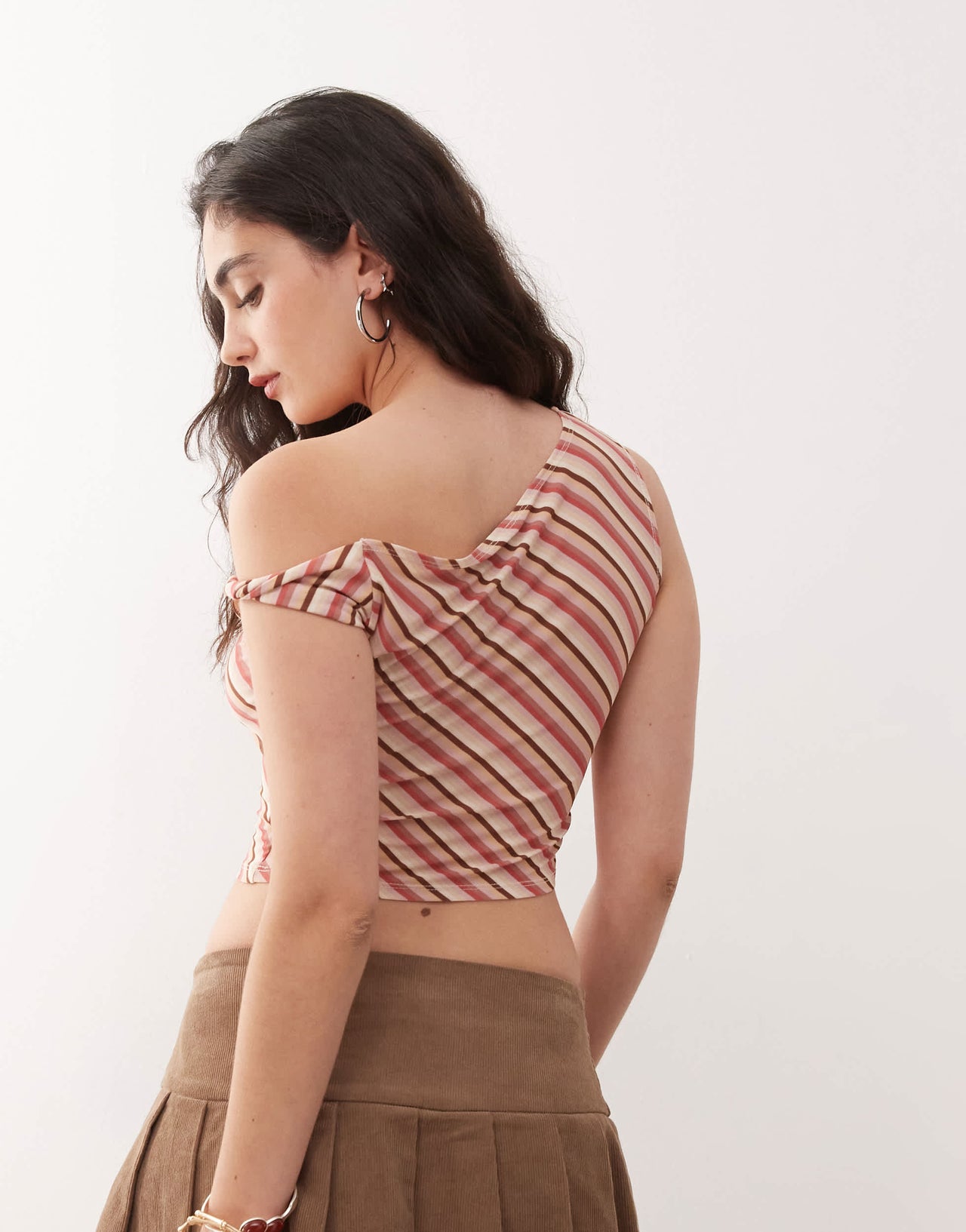 Reclaimed Vintage candy stripe printed slinky twist one shoulder top in pink