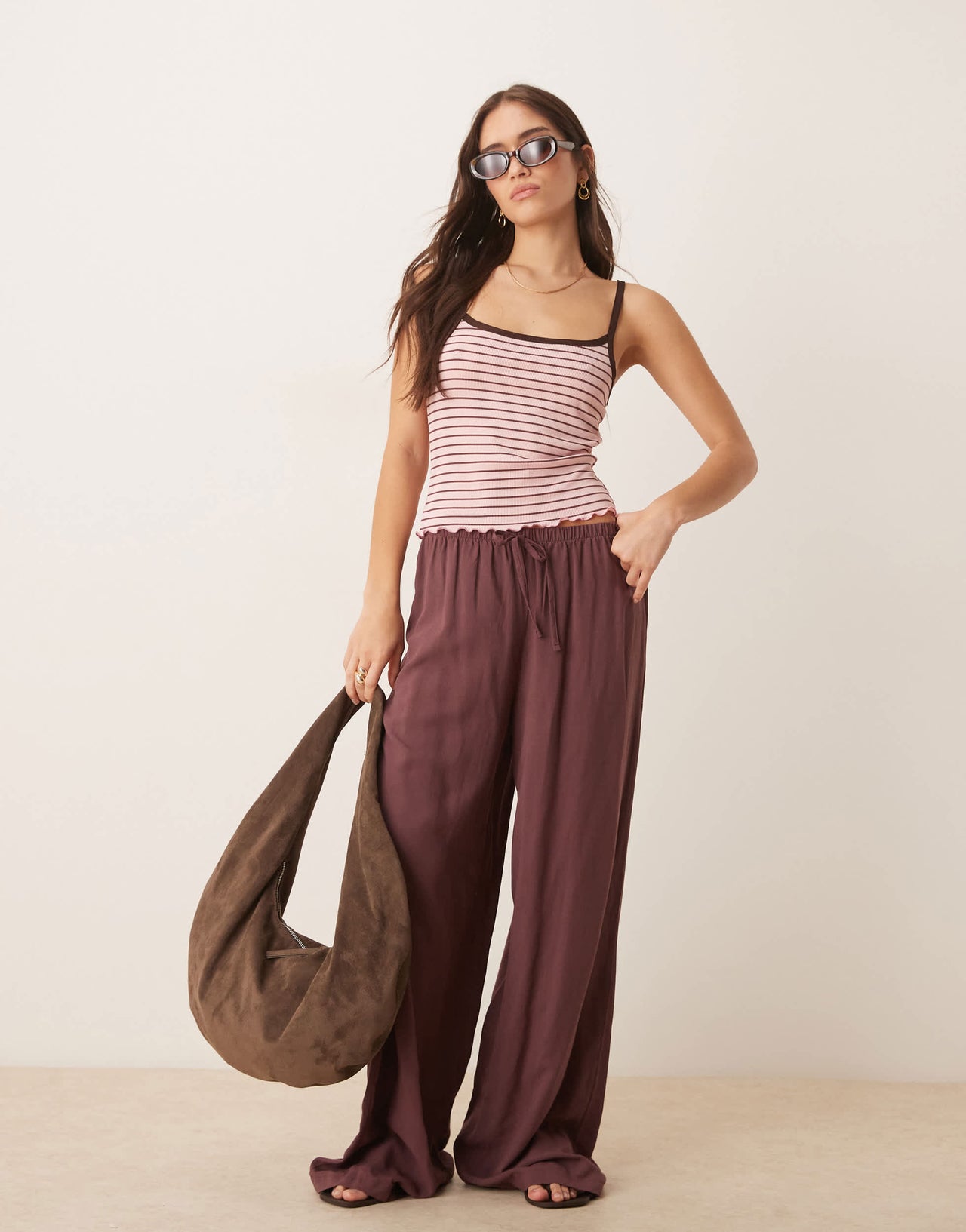 ASOS DESIGN rib cami with contrast binding in pink and choc stripe