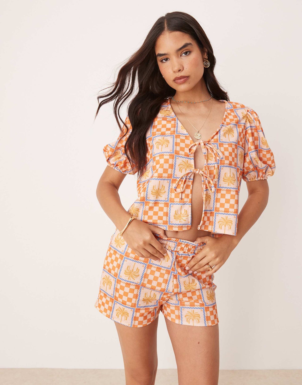 ASOS DESIGN puff sleeve tie front top co-ord in palm tree holiday print