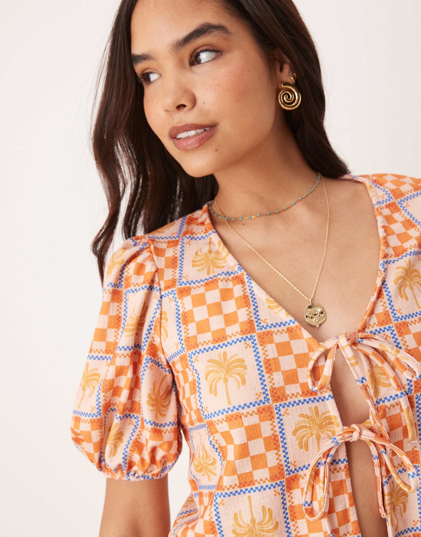 ASOS DESIGN puff sleeve tie front top co-ord in palm tree holiday print