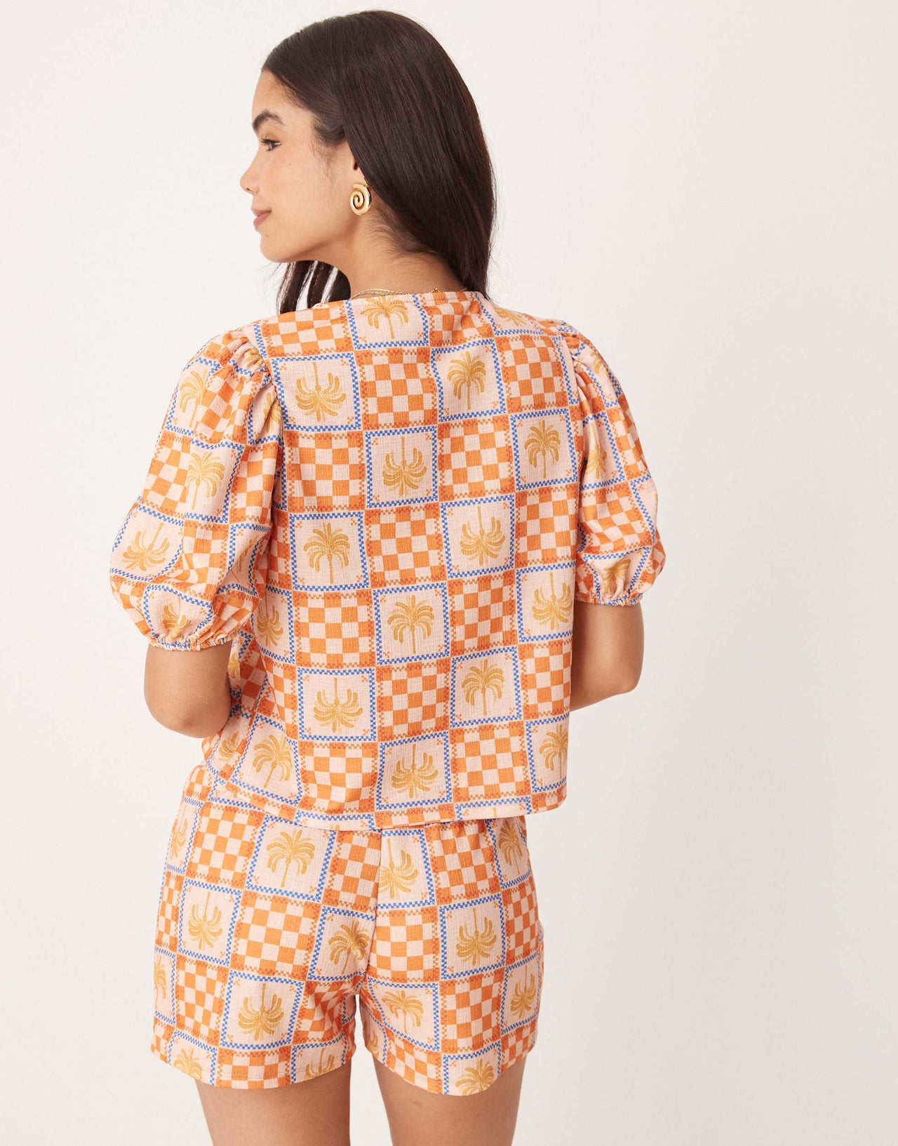 ASOS DESIGN puff sleeve tie front top co-ord in palm tree holiday print