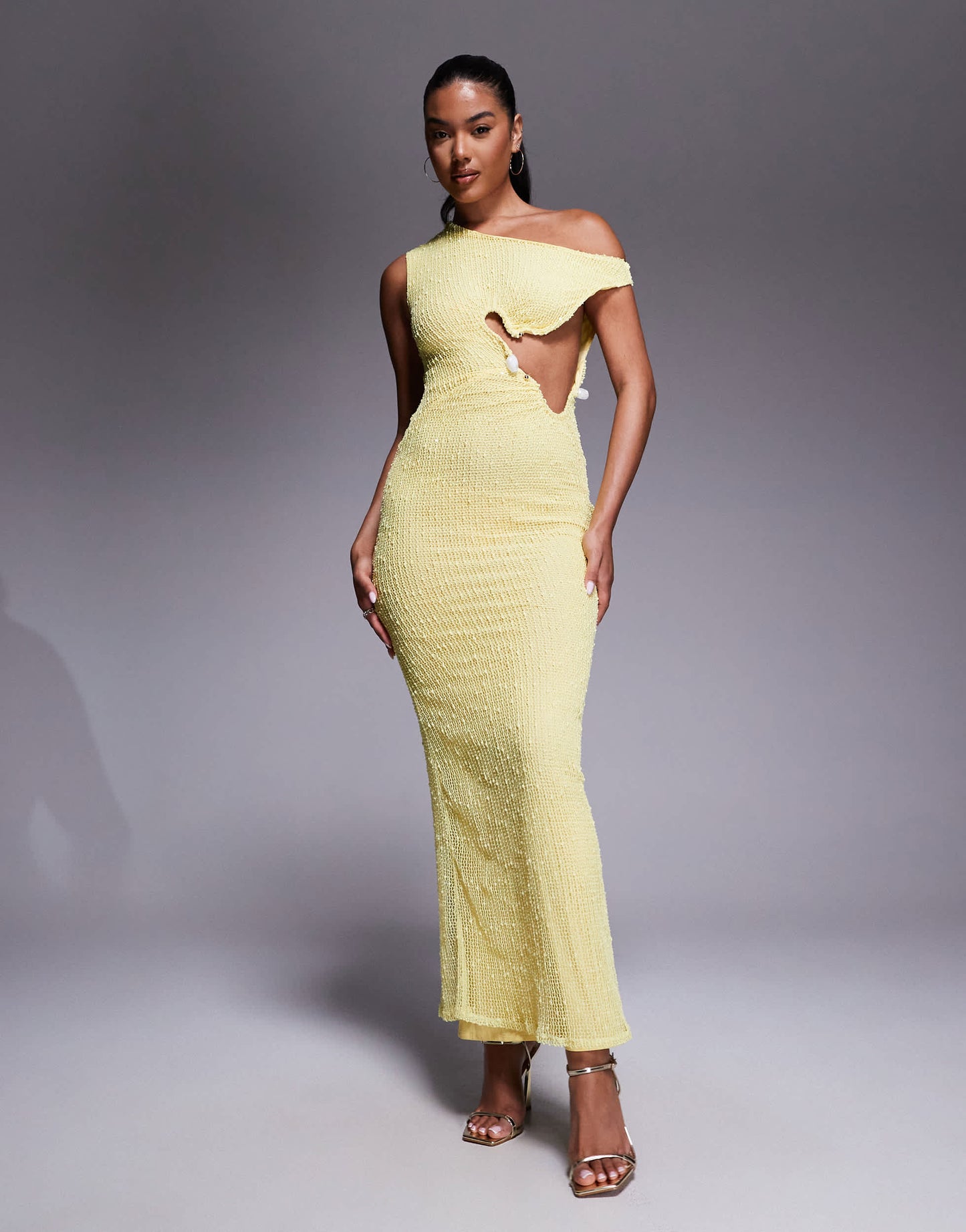 ASOS DESIGN crochet one shoulder trim detail maxi dress in yellow