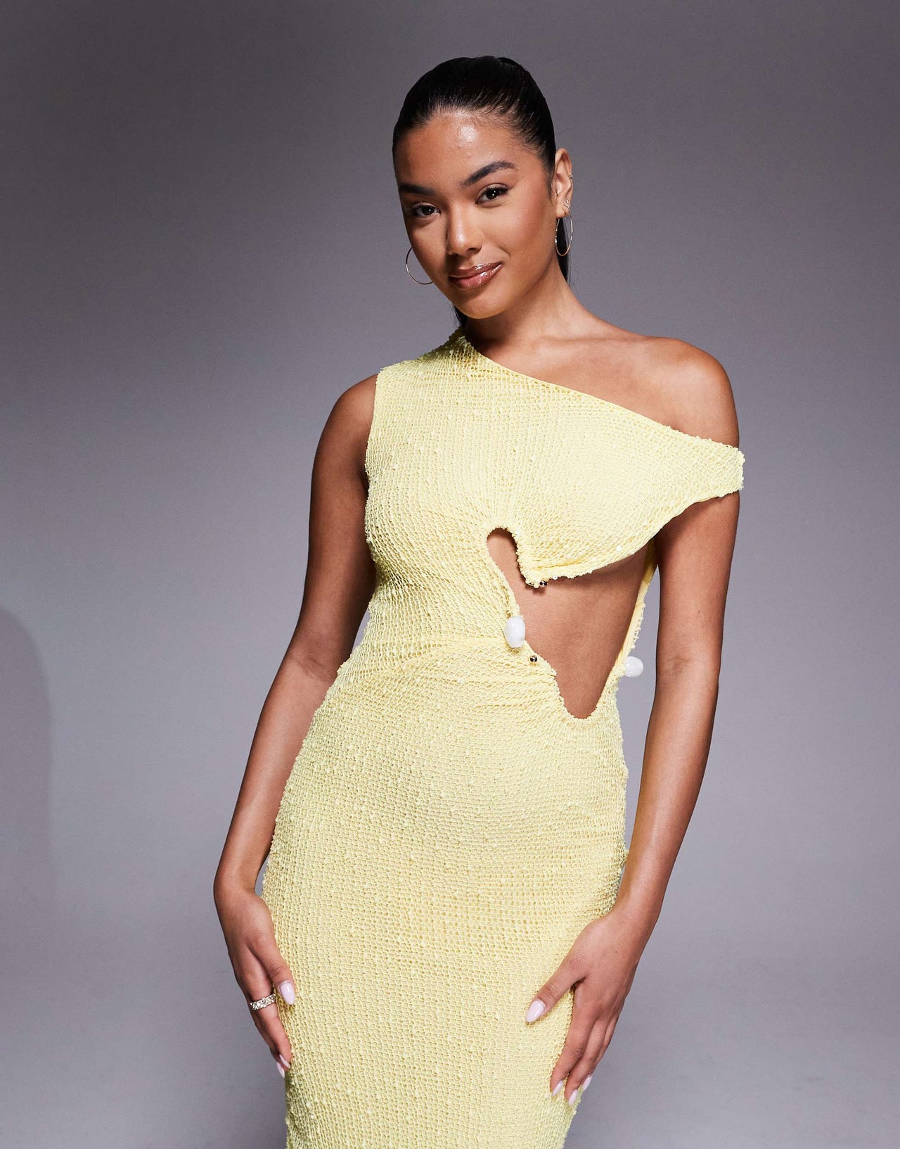ASOS DESIGN crochet one shoulder trim detail maxi dress in yellow