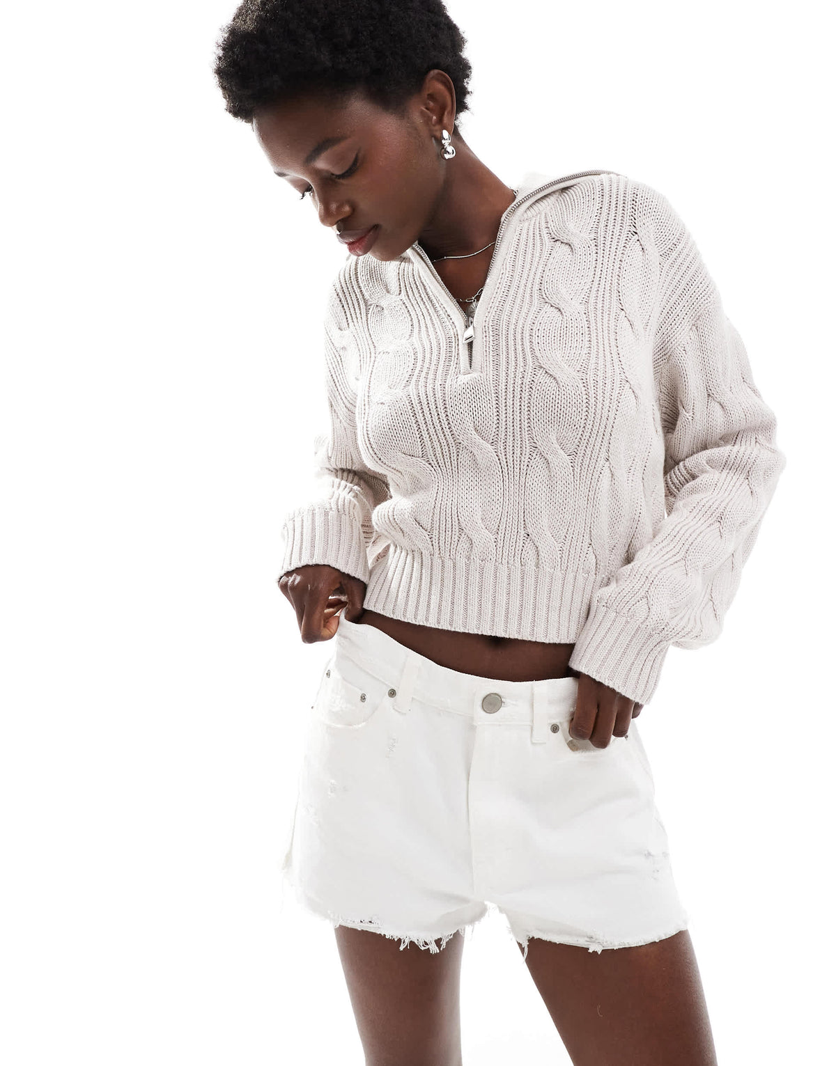 Cotton On cotton cable half zip pullover in oatmeal