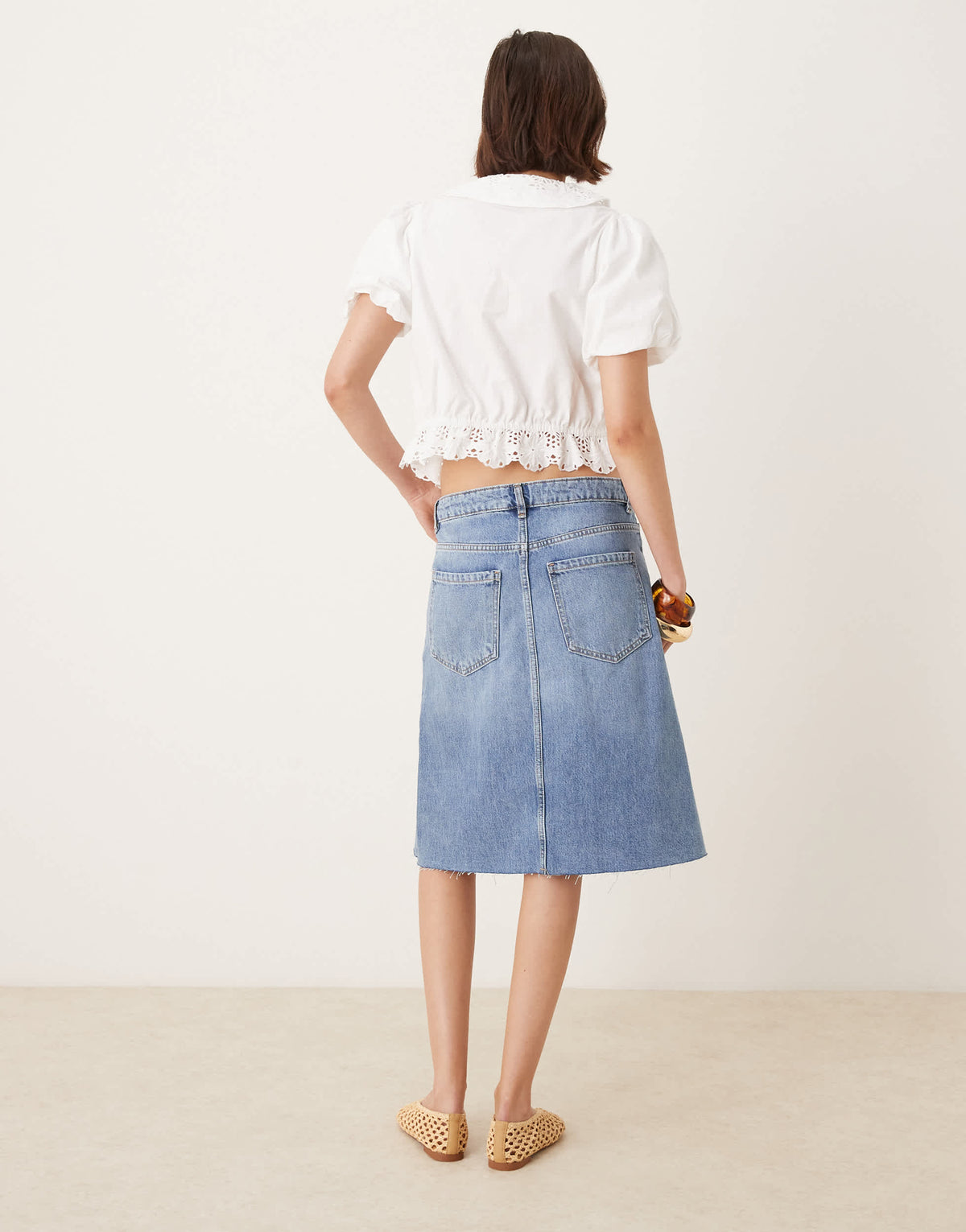 Mango split front knee length denim skirt in light blue