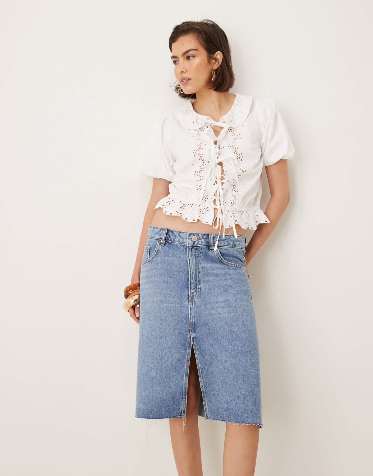 Mango split front knee length denim skirt in light blue