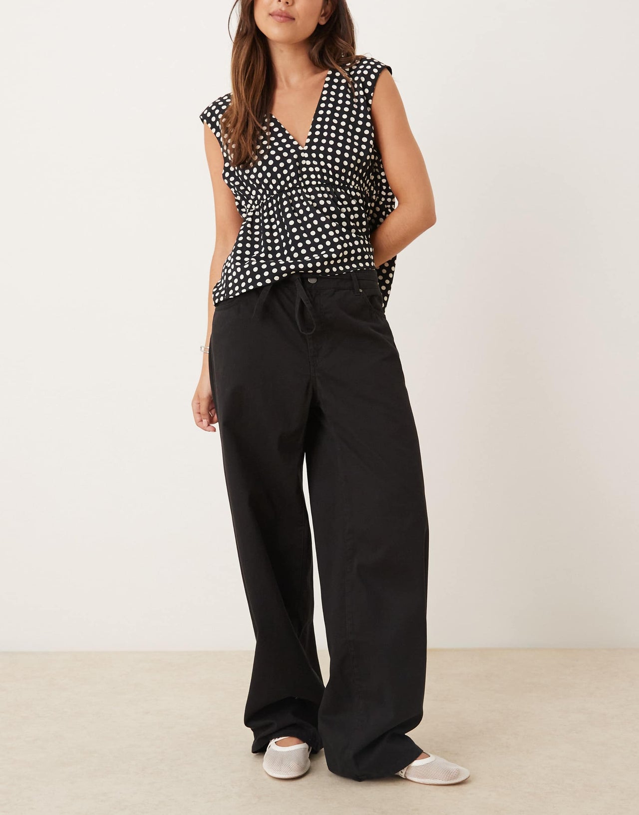 JDY tie detail wide leg trousers in black