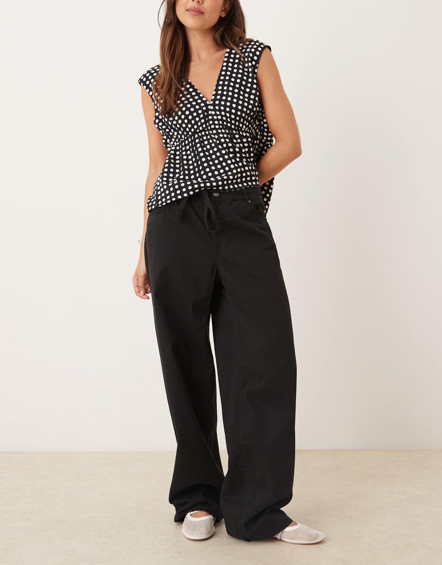 JDY tie detail wide leg trousers in black