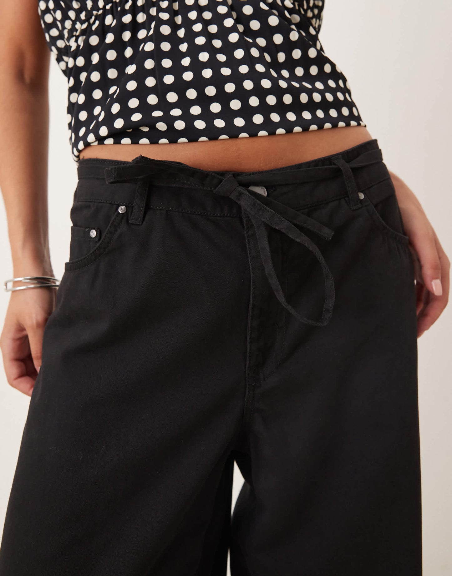 JDY tie detail wide leg trousers in black
