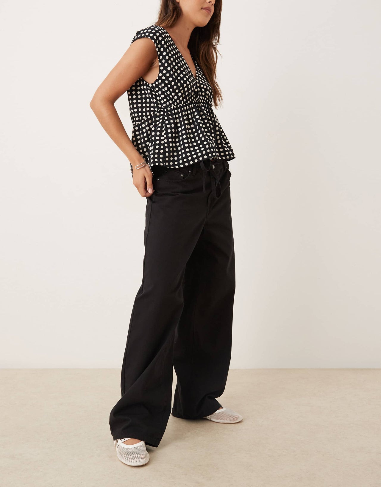 JDY tie detail wide leg trousers in black