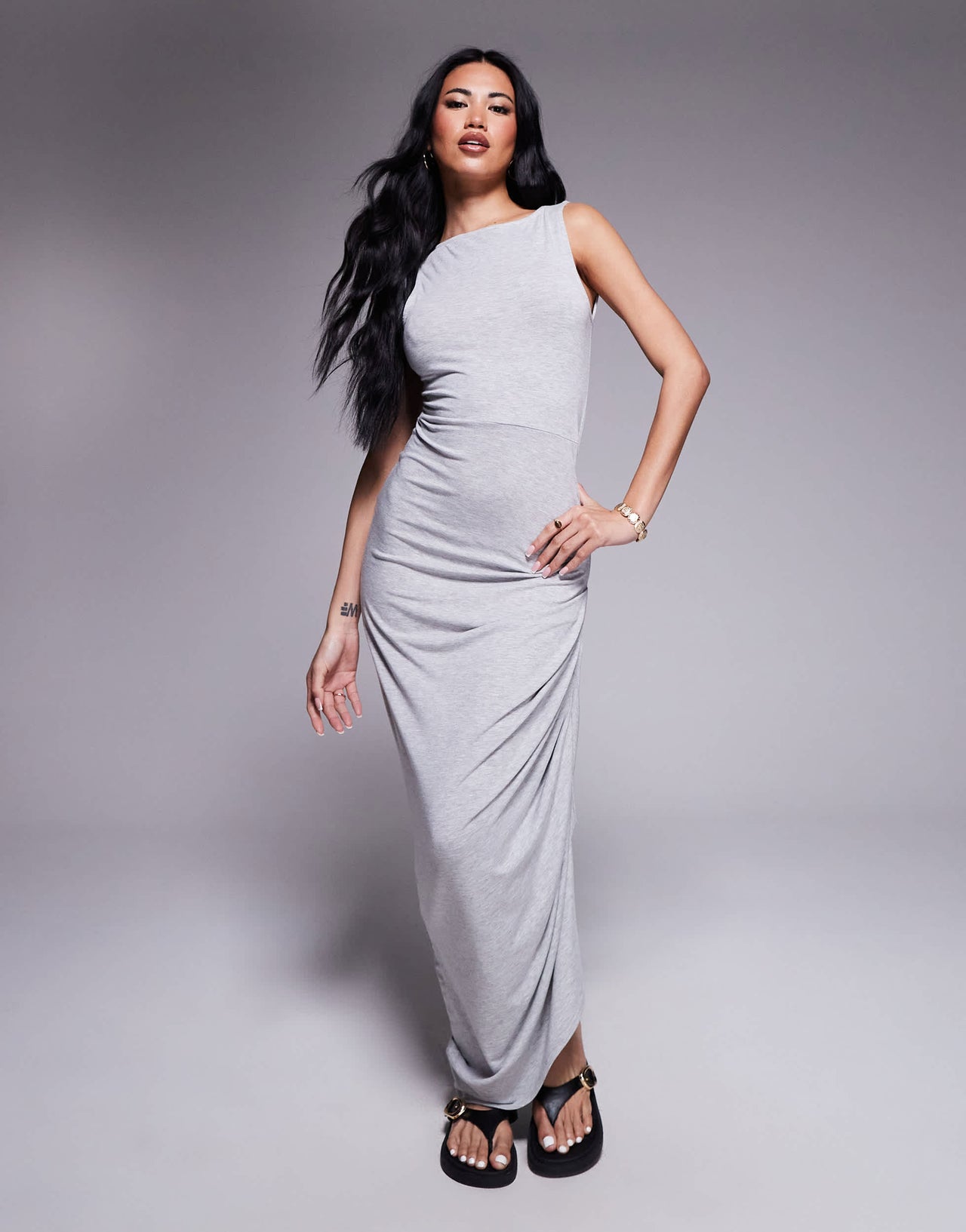 ASOS DESIGN slash neck asymmetric ruched side midi in grey marl