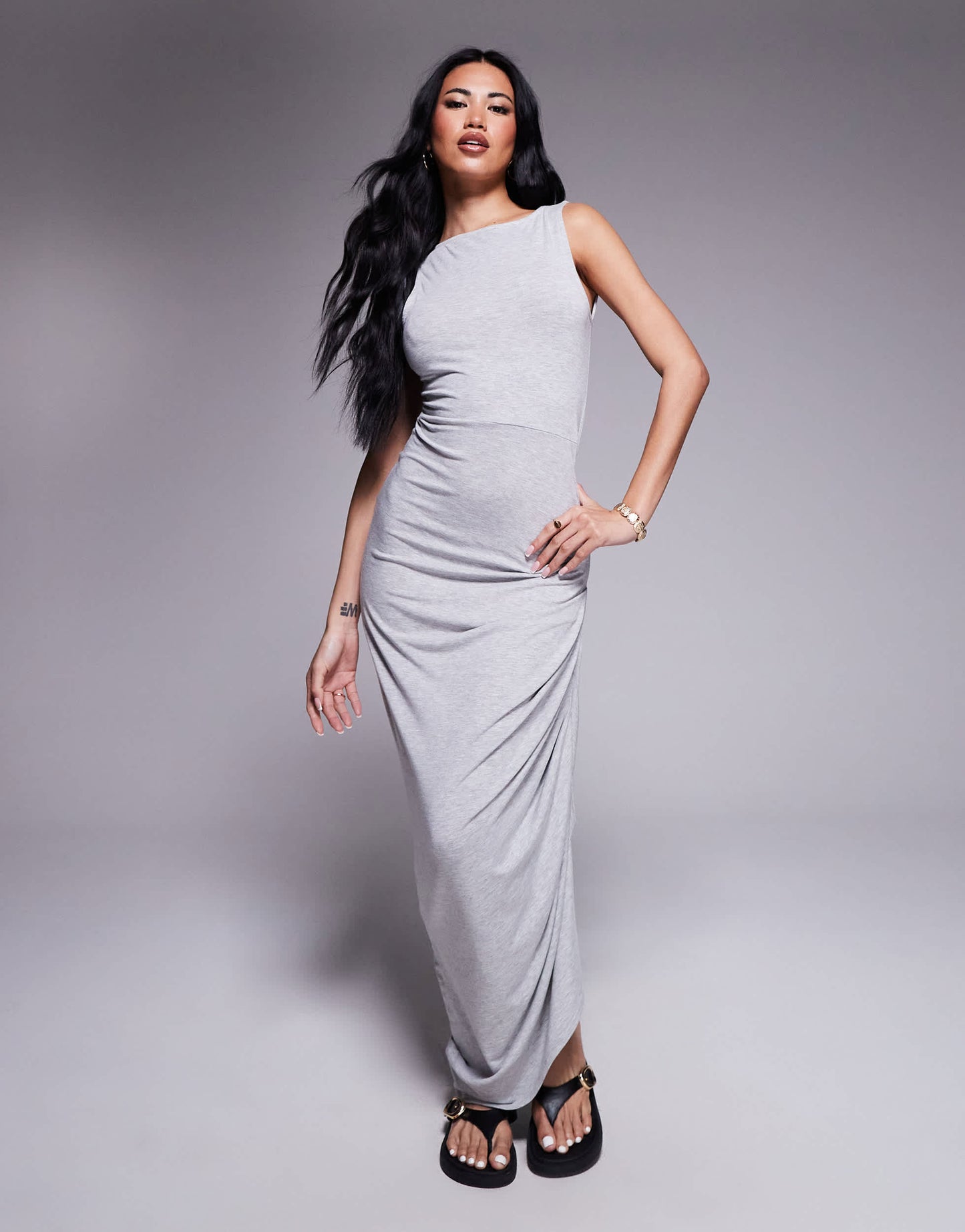 ASOS DESIGN slash neck asymmetric ruched side midi in grey marl