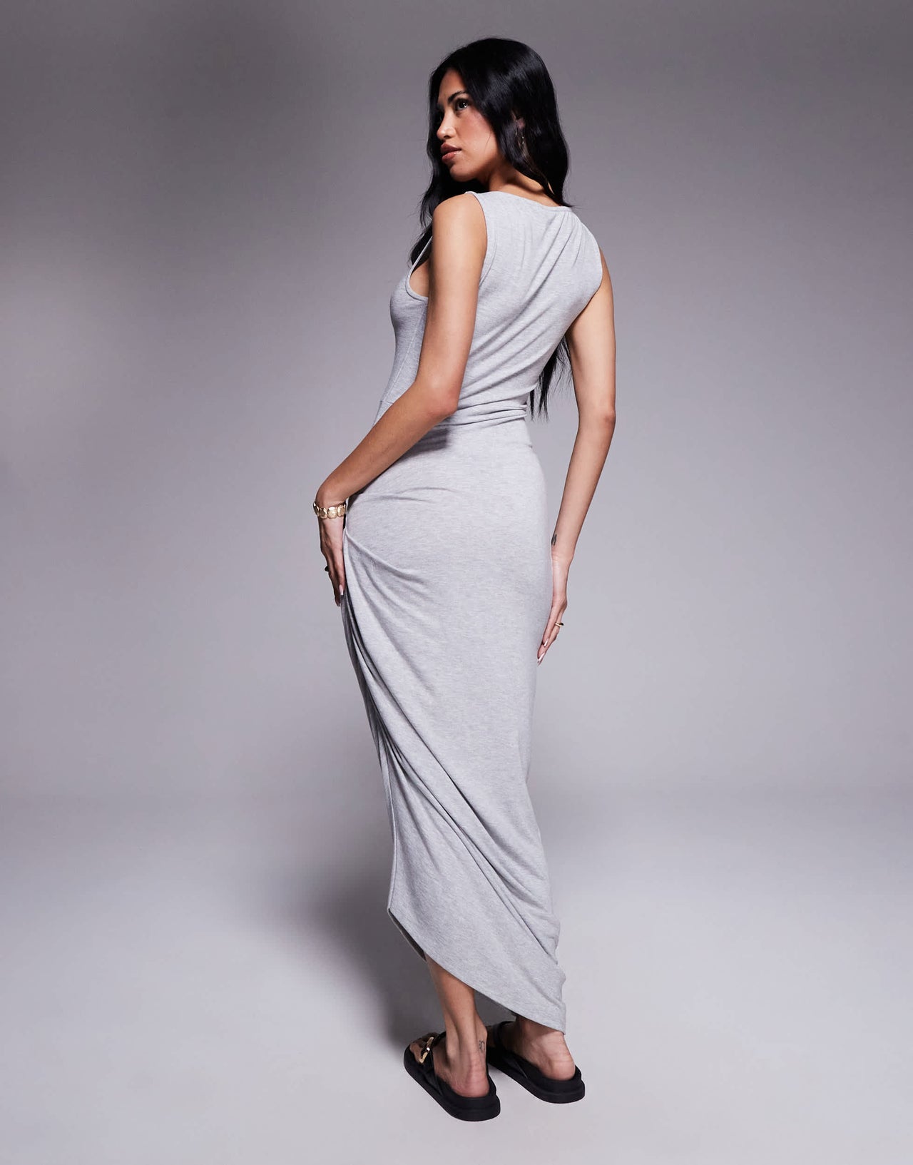 ASOS DESIGN slash neck asymmetric ruched side midi in grey marl