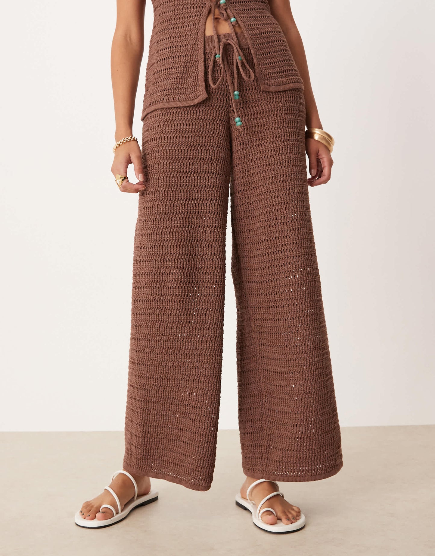 ASOS DESIGN knitted trouser co-ord with turquoise beads in brown