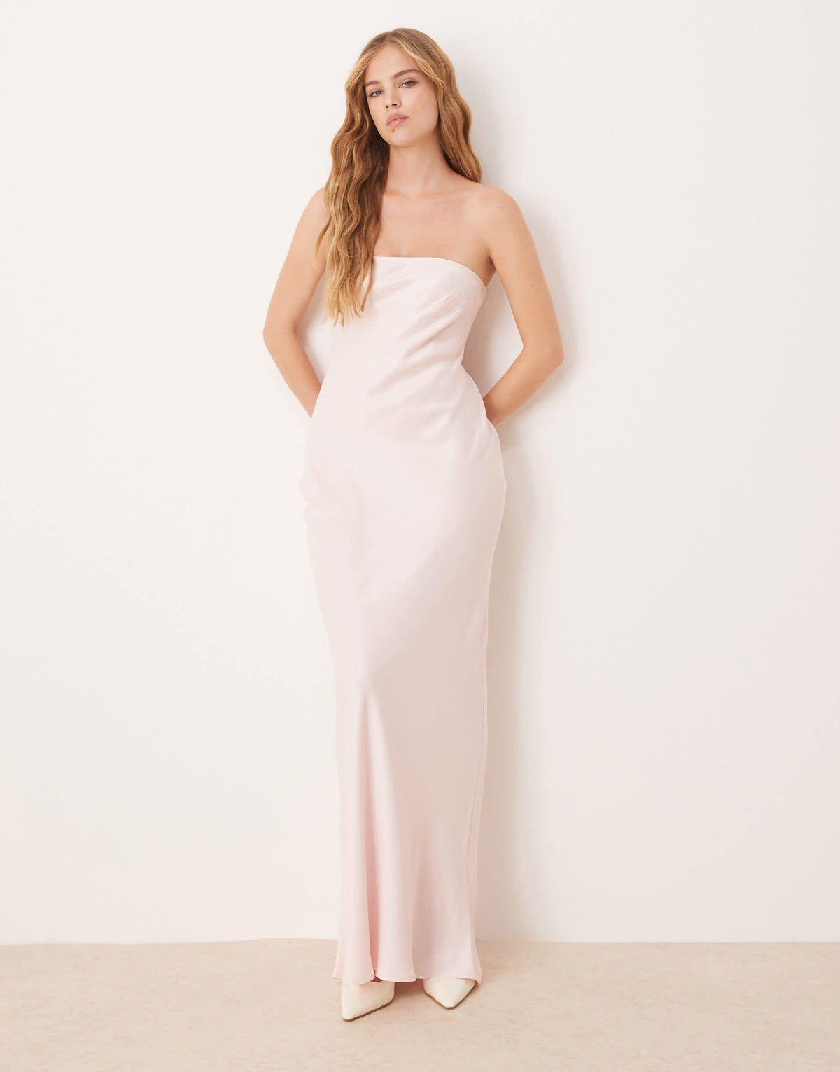 ASOS DESIGN satin bandeau bias maxi dress in pink