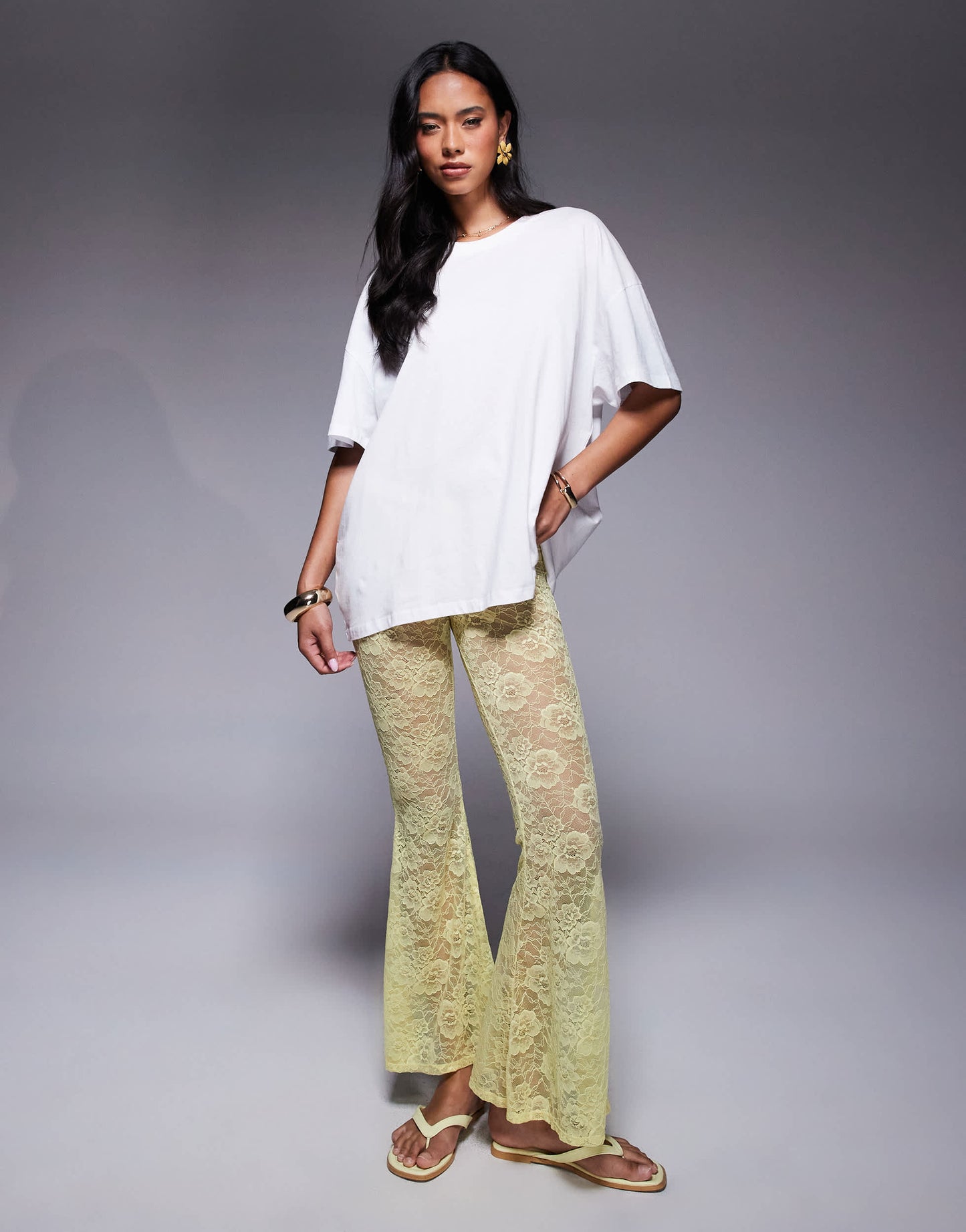 ASOS DESIGN extreme flare high waist sheer lace trouser in yellow