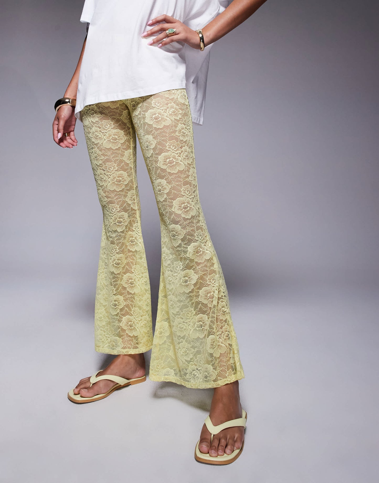 ASOS DESIGN extreme flare high waist sheer lace trouser in yellow