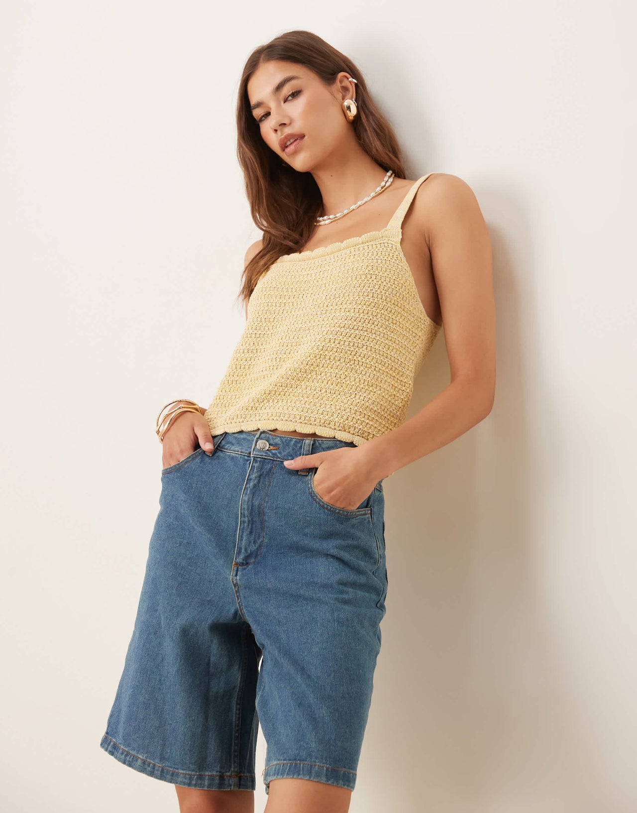 ASOS DESIGN multi ply knitted stitch cami top in yellow