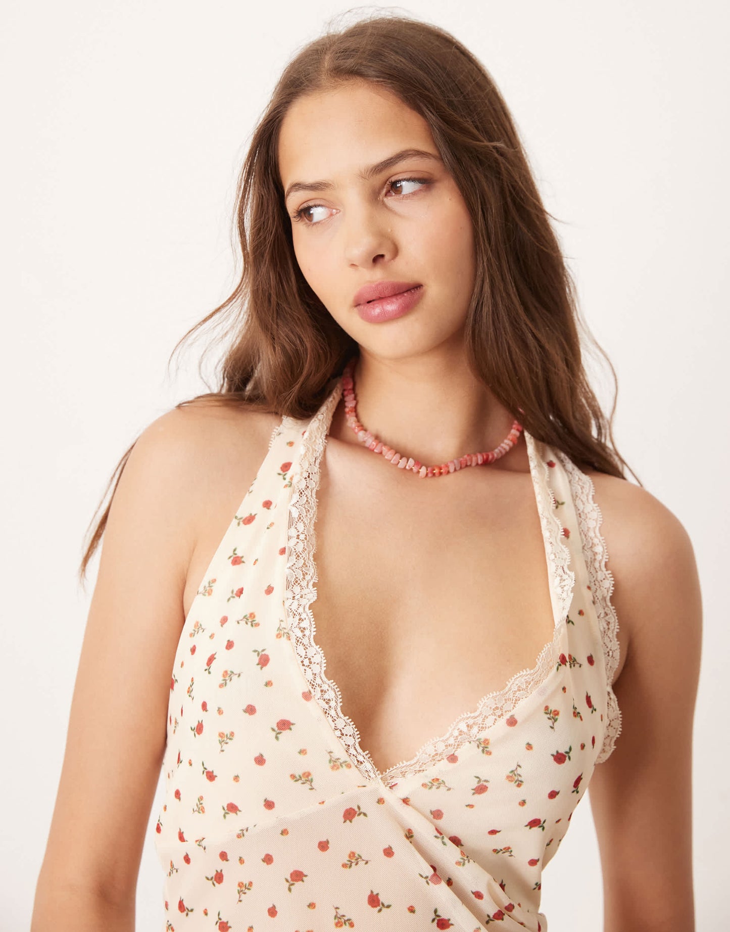 ASOS DESIGN mesh plunge halter neck top with lace trim in ditsy floral print