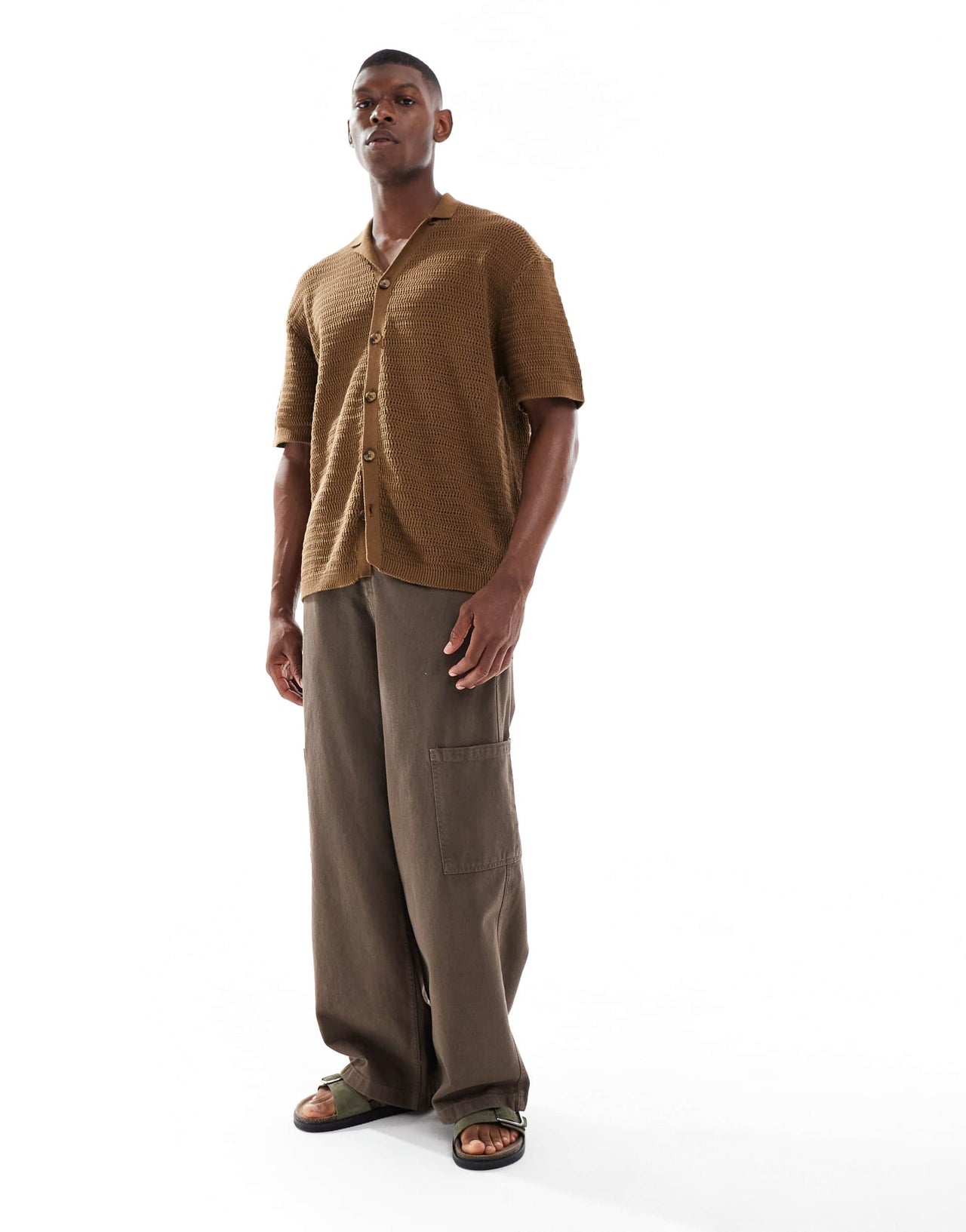 ONLY & SONS relaxed fit crochet shirt with revere collar in brown